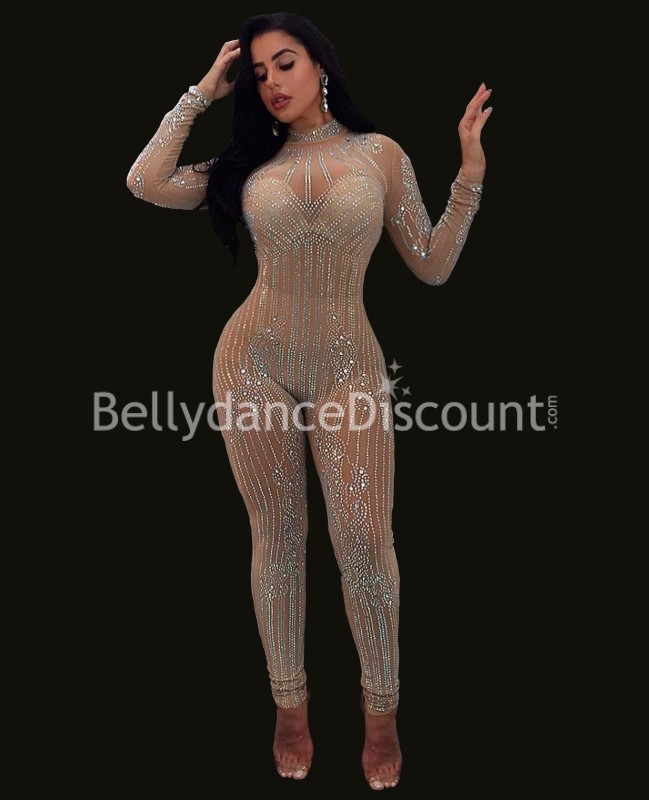 Combinaison transparente beige à strass Combinaison transparente beige à strass