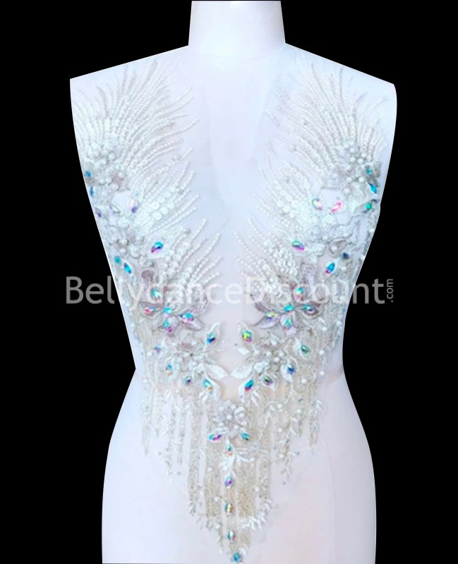 Scollatura strass e perle bianco argento da cucire