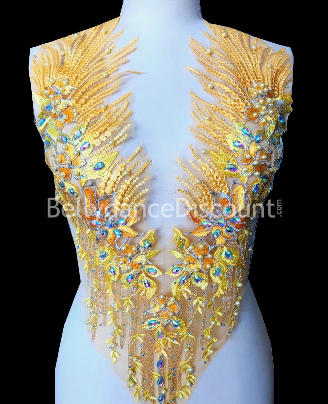 Yellow strass and beads sew on neck applique