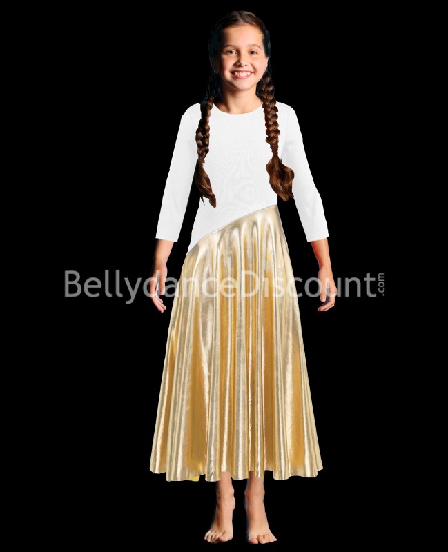 Vestido de baile infantil blanco y dorado