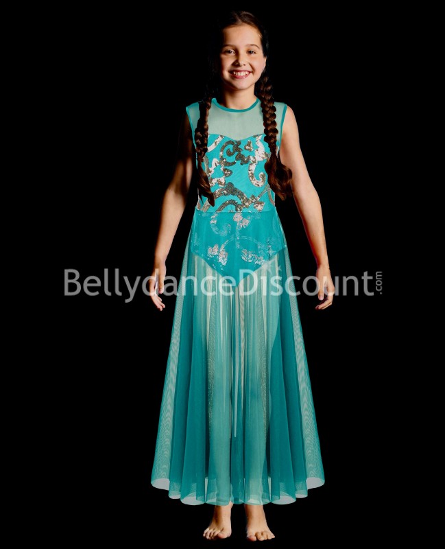 Vestido de danza del vientre infantil color turquesa y dorado