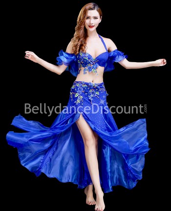 Costume de danse orientale fleuri bleu nuit