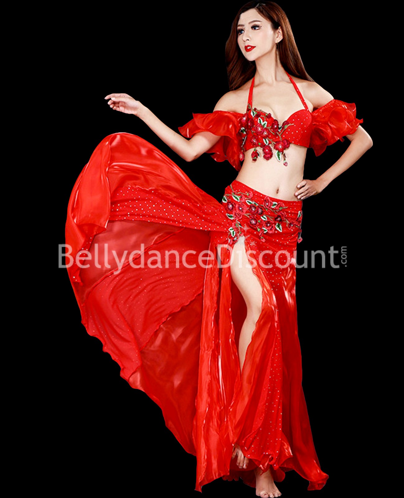 Traje de danza del vientre con flores rojas - 64,90 €