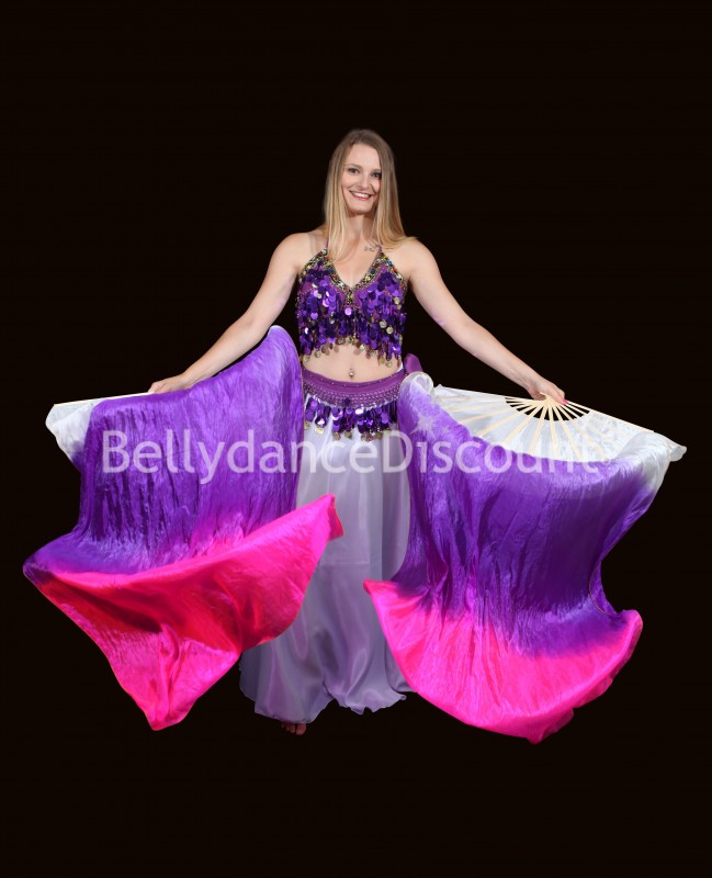 Paire d'éventails de danse orientale pure soie blanc violet fuchsia