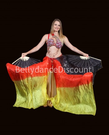 Abanicos en degradado negro-rojo-amarillo para danza oriental