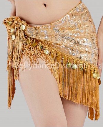 Gold embroidered Bellydance scarf with fringes