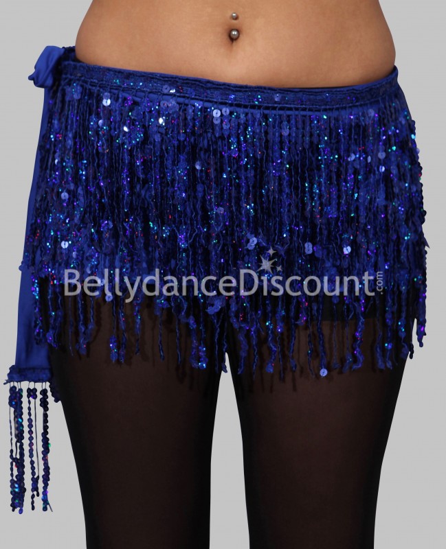 Cinturón azul oscuro para danza del vientre con flecos en lentejuelas