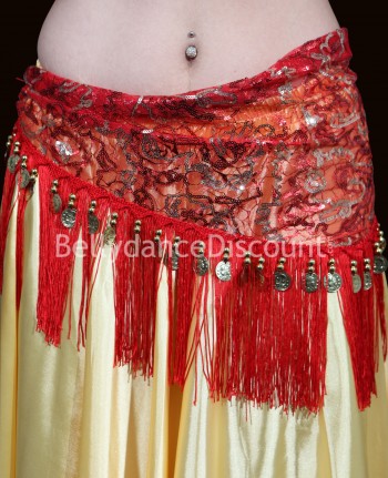 Foulard de danse orientale rouge brodé à franges