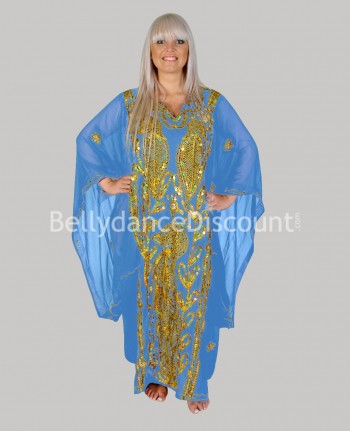 Vestido Khaliji para danza del vientre azul claro y dorado