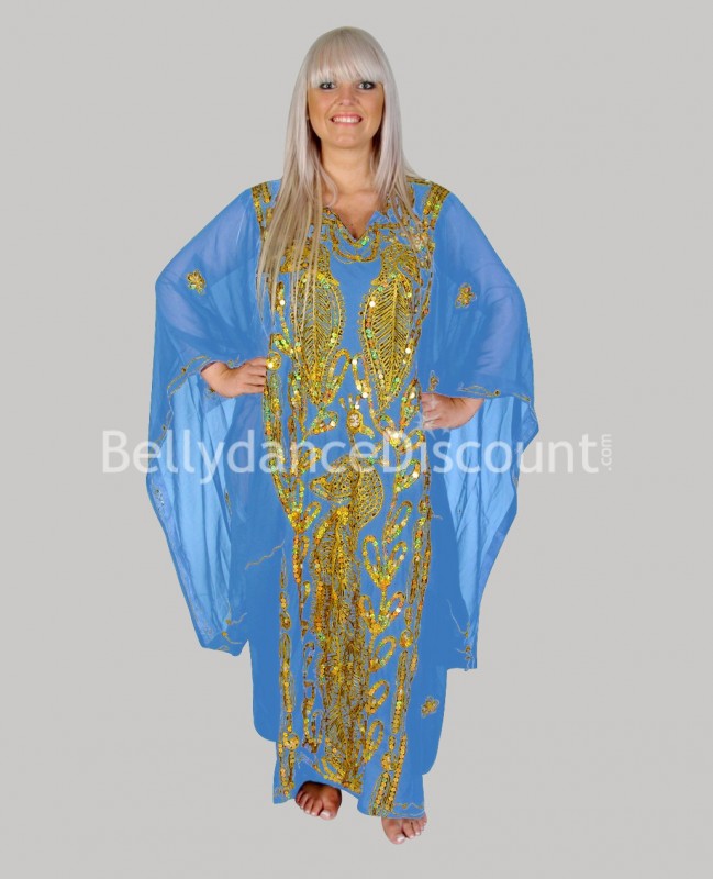 Vestito Khaliji di danza del ventre azzurro e oro
