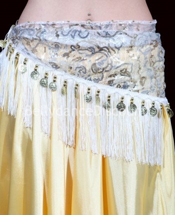 White embroidered Bellydance scarf with fringes