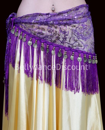 Purple embroidered Bellydance scarf with fringes
