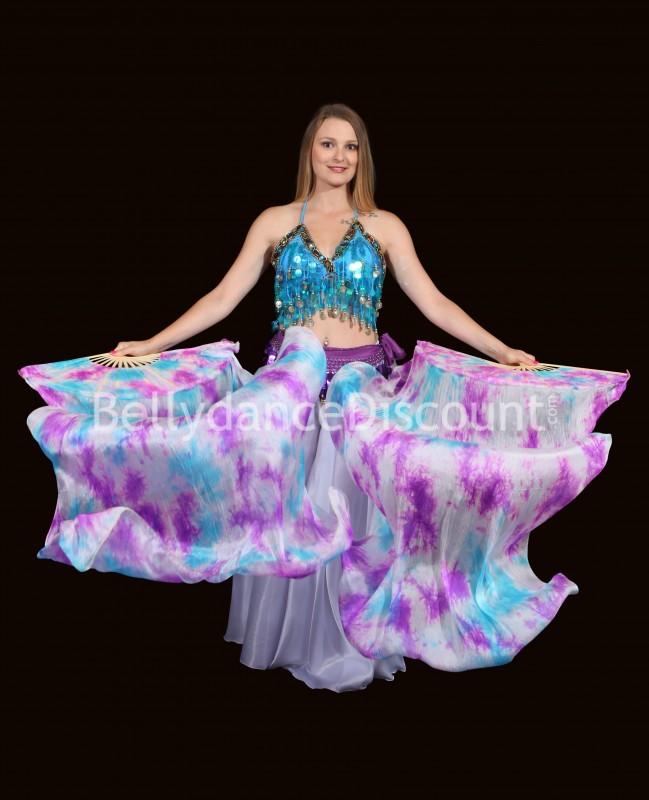 Paire d'éventails de danse orientale pure soie blanc violet bleu