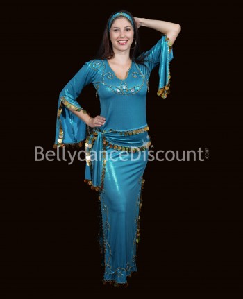 Robe Baladi / Saïdi de danse orientale turquoise et or