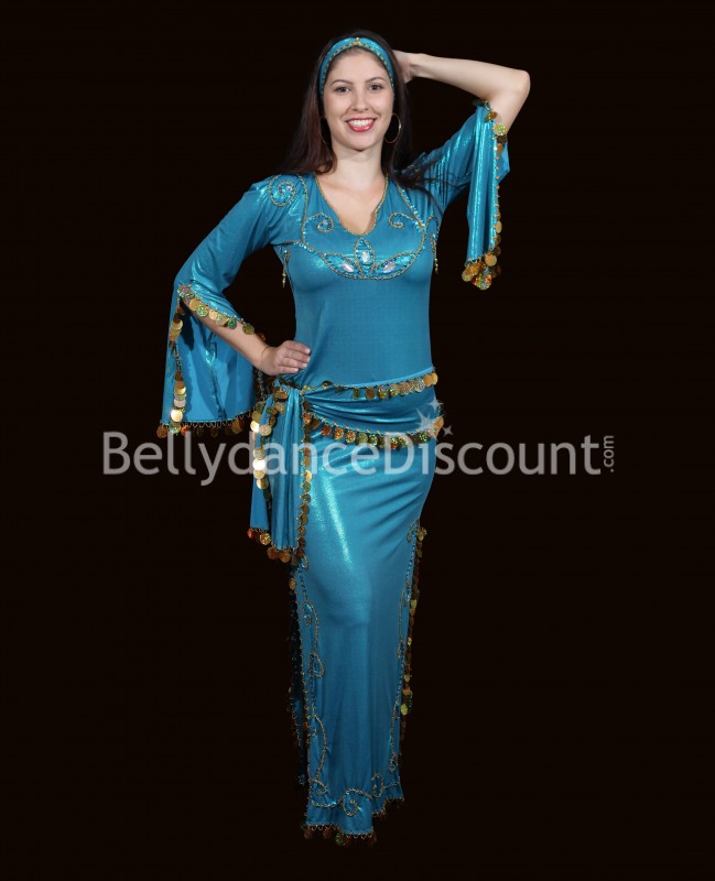 Traje Baladi / Saïdi para danza del vientre turquesa y dorado
