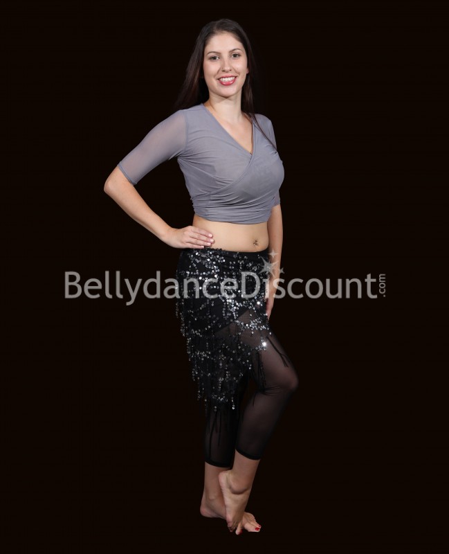 Grey fishnet wrap-over dance top