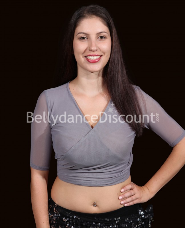 Grey fishnet wrap-over dance top