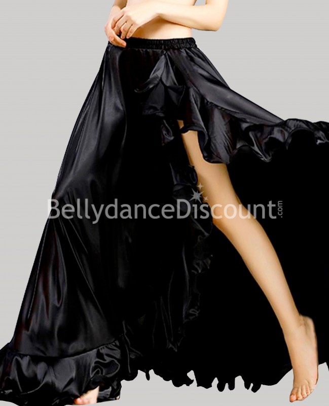 Jupe satin noire fente et volants de danse orientale