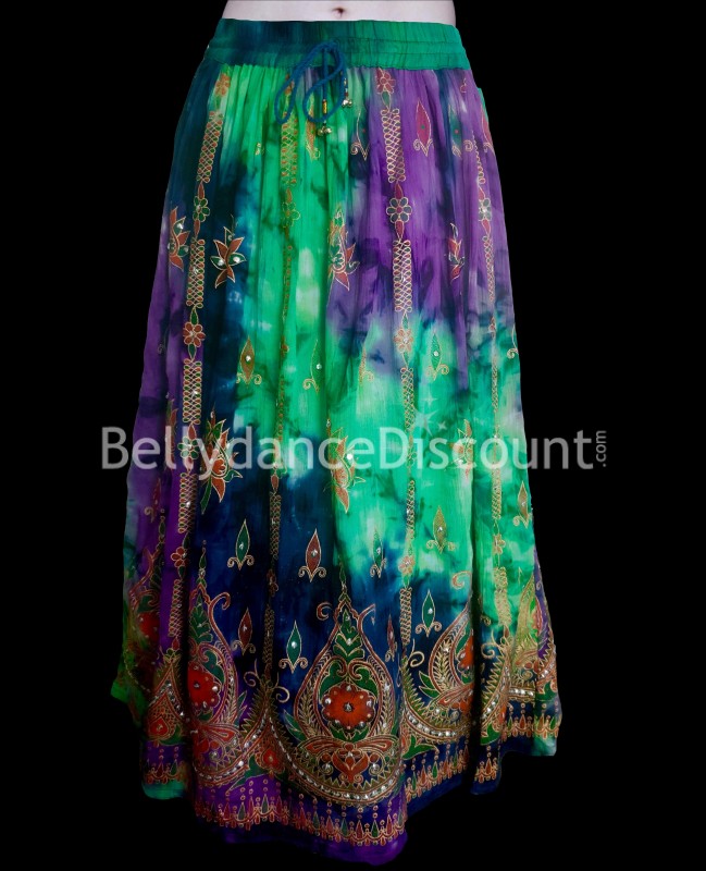 Gonna indiana stampa "Tie and dye" verde e viola