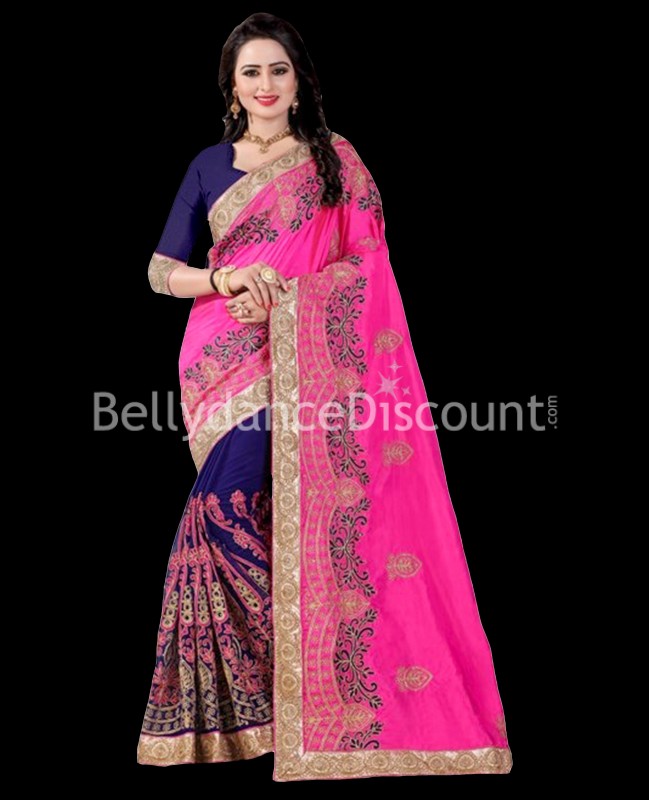 Sari indio estampado rosa morado y dorado