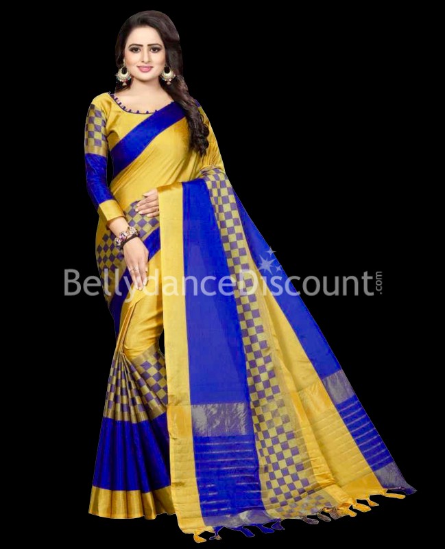 Sari indiano giallo ocra e blu notte