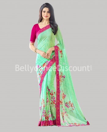 Sari indio tela transparente con flores verde y rosa
