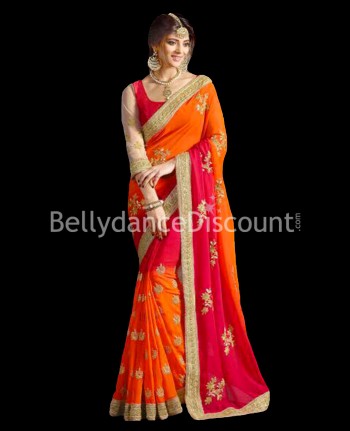 Sari indien rouge orange or - Bombay