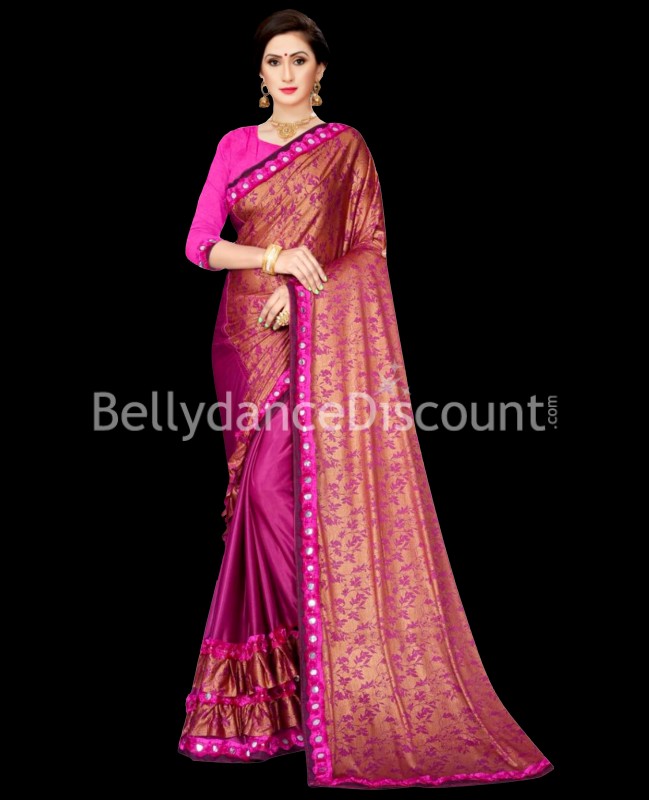 Indischer Sari Rot-Violett Gold und Strass