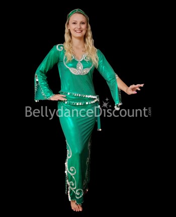 Robe Baladi / Saïdi de danse orientale vert émeraude et argentée