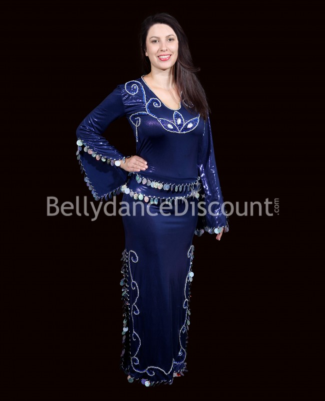 Vestito Baladi / Saïdi di danza del ventre blu notte e argento