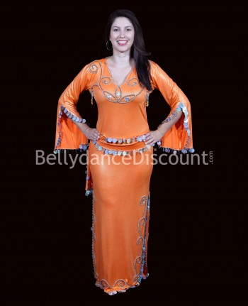 Robe Baladi / Saïdi de danse orientale orange et argentée