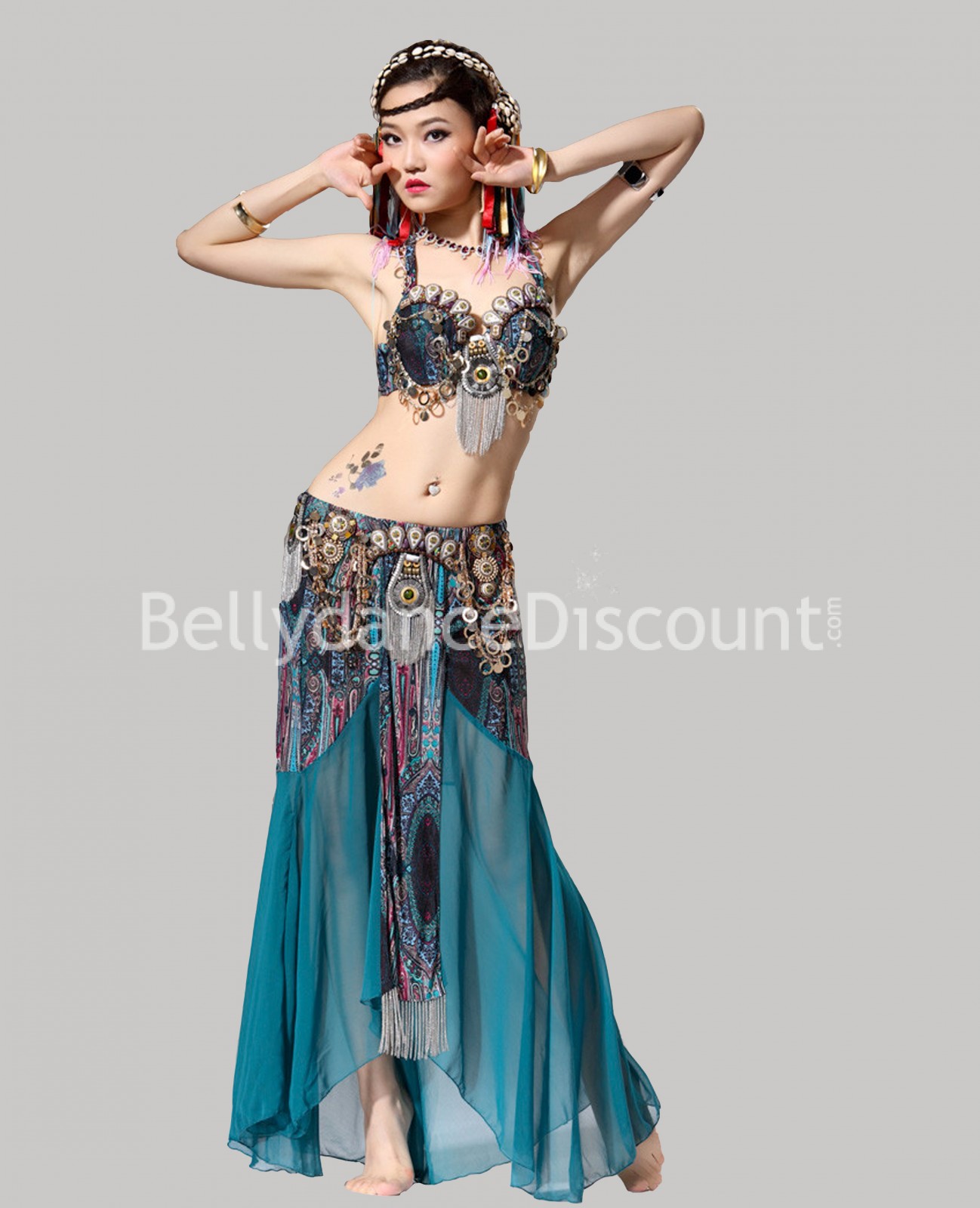 Traje de danza oriental tribal fusión azul petróleo