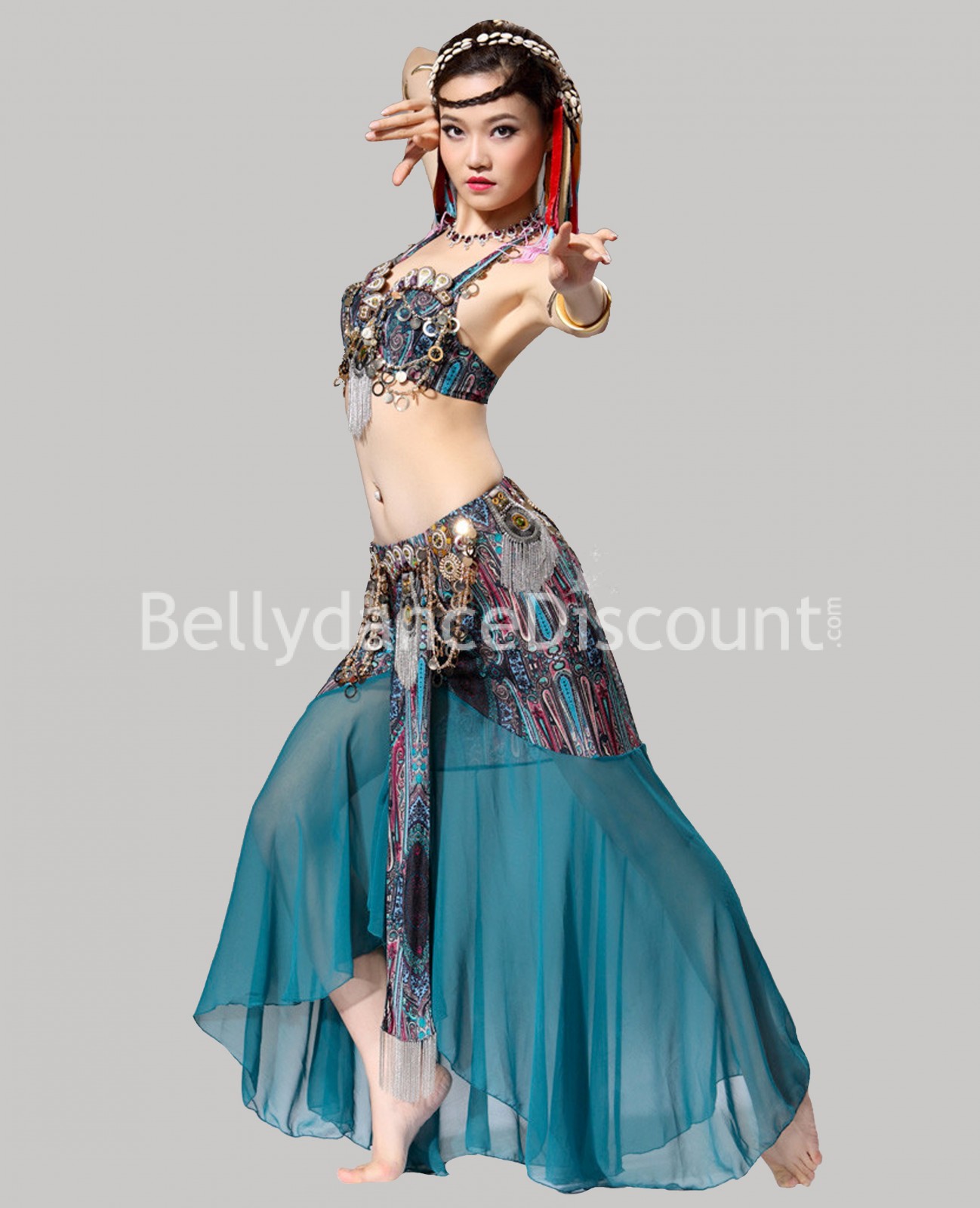 Costume de danse orientale satiné turquoise 