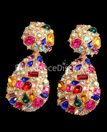 Golden earrings with multicolored rhinestones