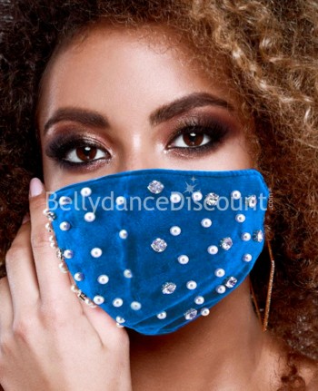 Velours-Maske Blau Strass und Perlen