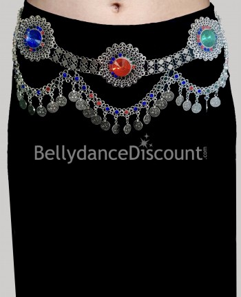 Cintura di danza del ventre metallizzata argento con strass multicolor