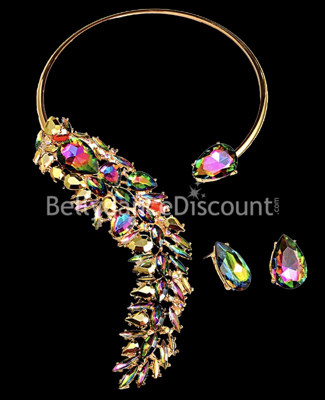 Parure bijoux à strass dorée et multicolore