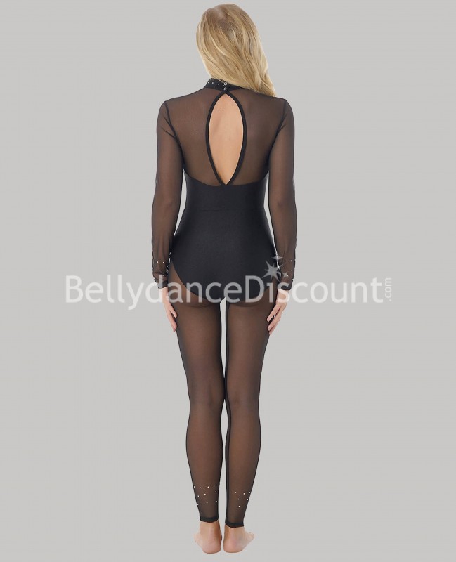 Combinaison de danse noire semi-transparente à strass
