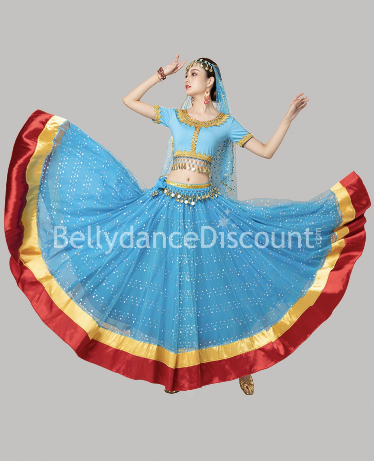  Nuevo disfraz de danza del vientre de Bollywood, vestidos  indios para mujer, traje de baile, tops velos de rendimiento, 4 piezas,  conjunto de falda con cinturón superior, Sari, Azul : Ropa
