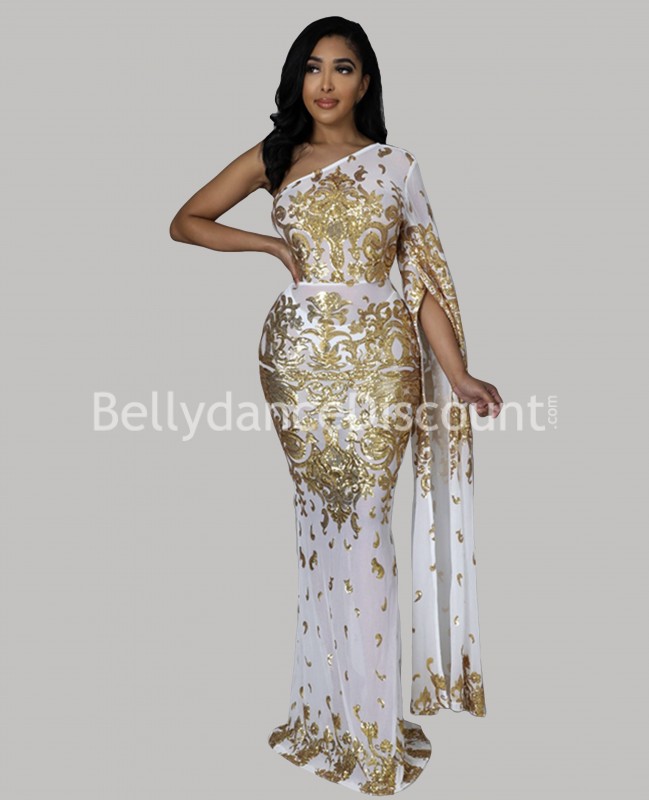 Vestido largo de baile blanco y dorado