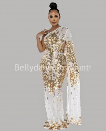 Robe longue de danse orientale blanche et or