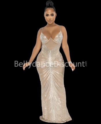 See-through beige dance dress with rhinestones