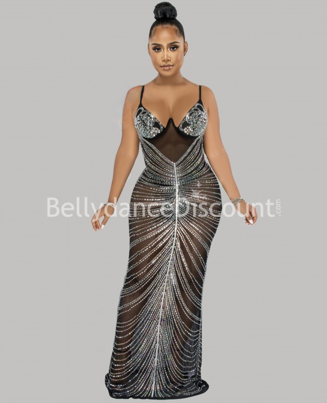 Robe de danse transparente noire à strass