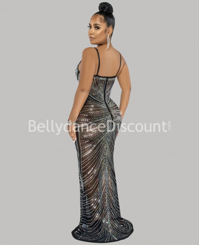Abito di danza trasparente nero con strass