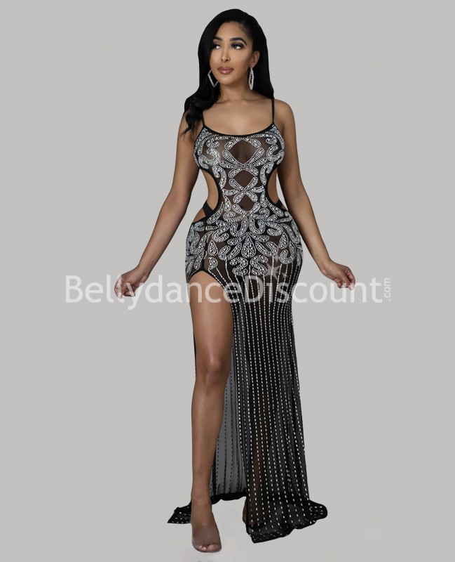 Abito lungo nero trasparente con strass