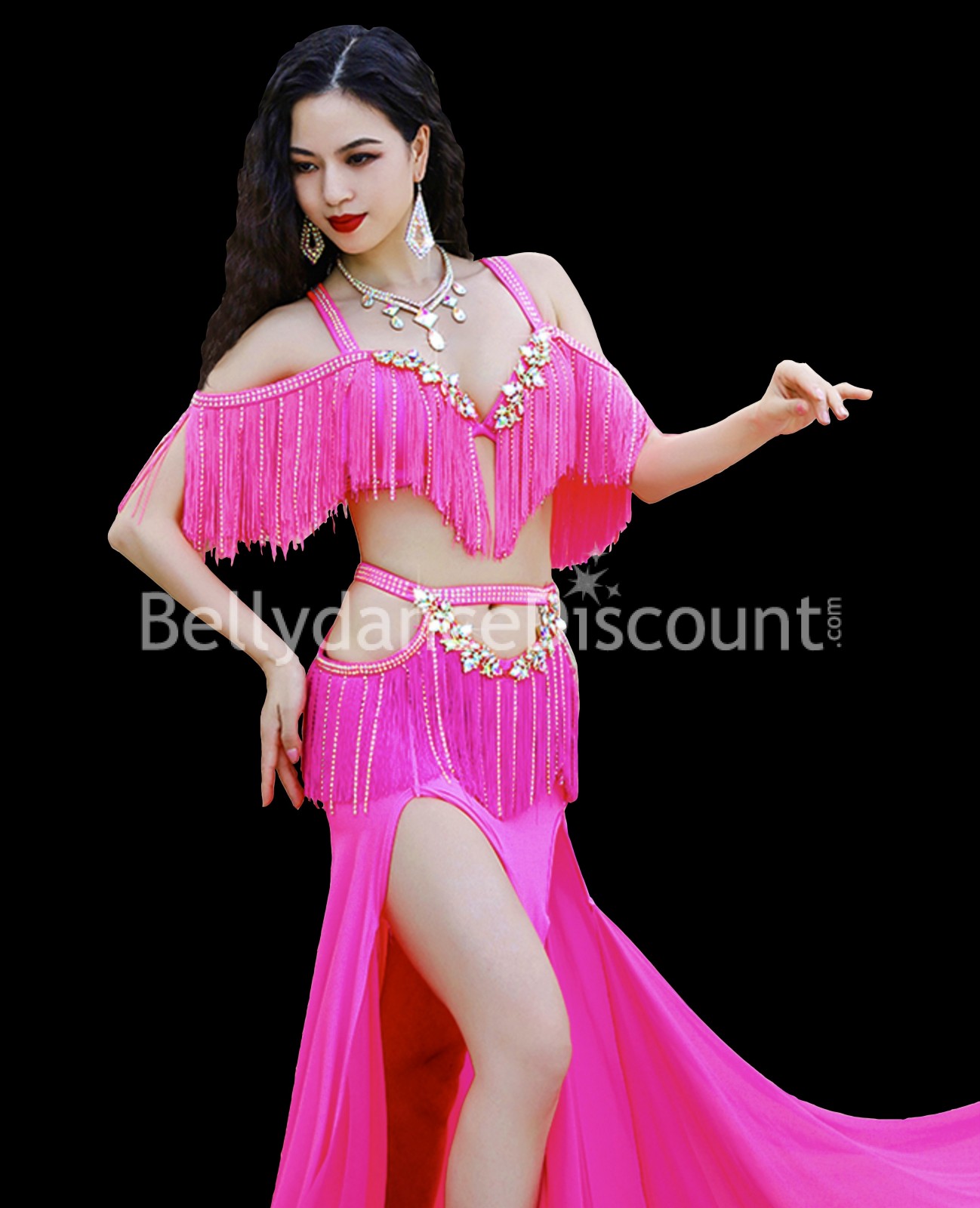 Pink Bellydance costume with fringes and rhinestones Pink Bellydance costume with fringes and rhinestones