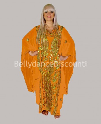 Vestido Khaliji para danza del vientre naranja y dorado