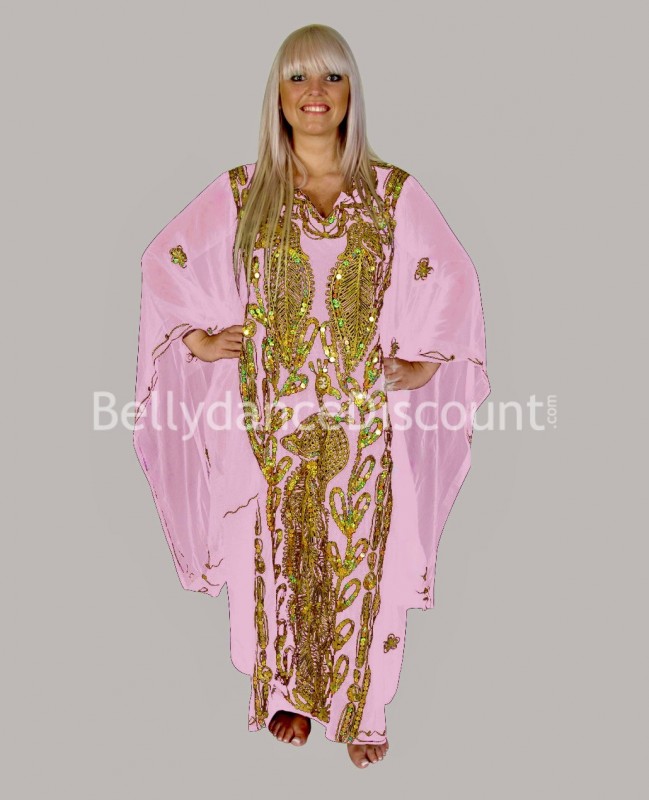 Vestido Khaliji para danza del vientre rosa pálido y dorado