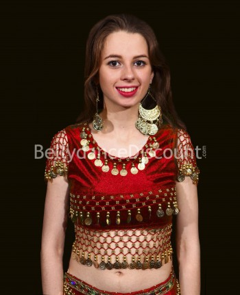 Top de terciopelo rojo y dorado de danza del vientre