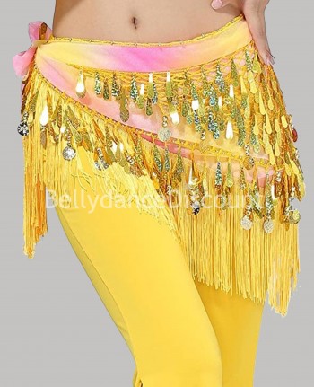 Yellow and pink oriental scarf with fringes